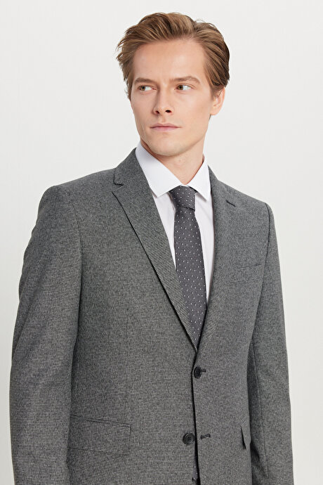 Slim Fit Dar Kesim Mono Yaka Kapak Cepli Kazayağı Desenli Gri-Siyah Takım Elbise resmi