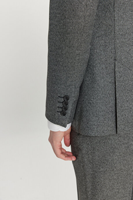 Slim Fit Dar Kesim Mono Yaka Kapak Cepli Kazayağı Desenli Gri-Siyah Takım Elbise resmi