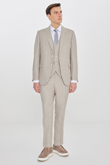 Slim Fit Dar Kesim Kırlangıç Yaka Kapak Cepli Çizgili Bej Takım Elbise resmi