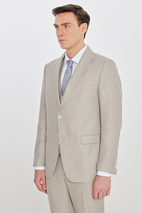 Slim Fit Dar Kesim Kırlangıç Yaka Kapak Cepli Çizgili Bej Takım Elbise resmi