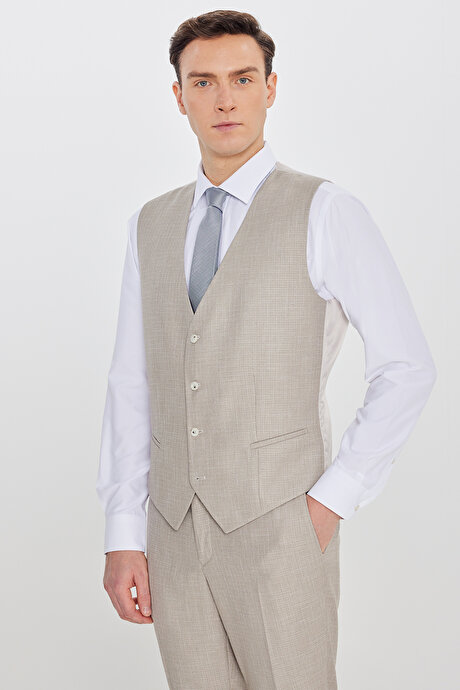 Slim Fit Dar Kesim Kırlangıç Yaka Kapak Cepli Çizgili Bej Takım Elbise resmi