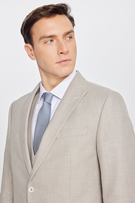 Slim Fit Dar Kesim Kırlangıç Yaka Kapak Cepli Çizgili Bej Takım Elbise resmi