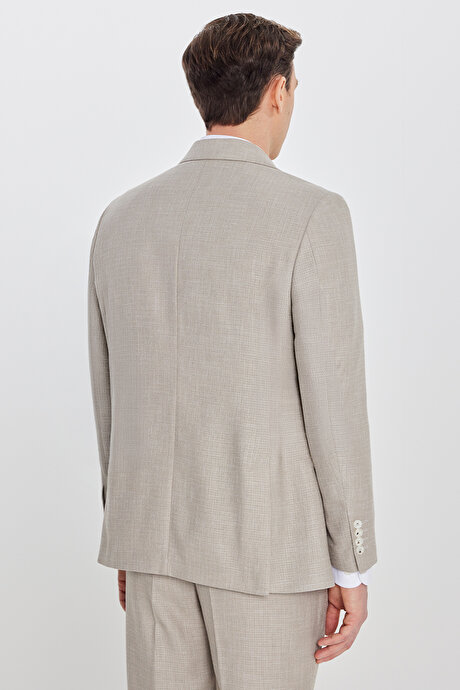 Slim Fit Dar Kesim Kırlangıç Yaka Kapak Cepli Çizgili Bej Takım Elbise resmi