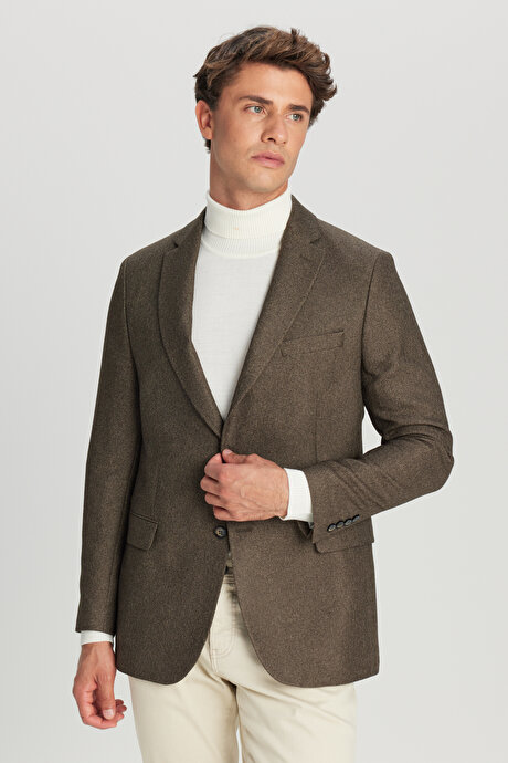 Slim Fit Dar Kesim Mono Yaka Kapak Cepli Blazer Haki Ceket resmi