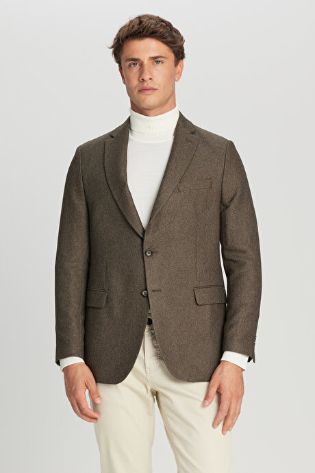 Slim Fit Dar Kesim Mono Yaka Kapak Cepli Blazer Haki Ceket resmi