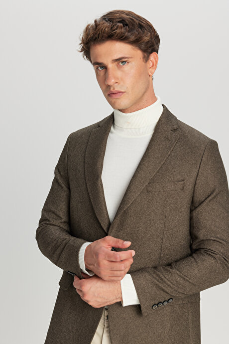 Slim Fit Dar Kesim Mono Yaka Kapak Cepli Blazer Haki Ceket resmi