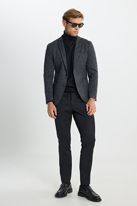 Slim Fit Dar Kesim Mono Yaka Yünlü Desenli Torba Cepli Siyah Ceket resmi