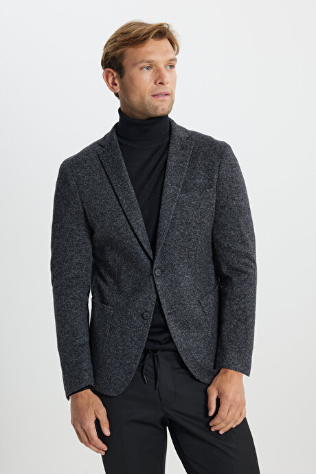 Slim Fit Dar Kesim Mono Yaka Yünlü Desenli Torba Cepli Siyah Ceket resmi