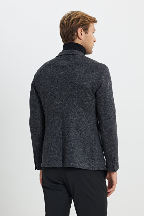 Slim Fit Dar Kesim Mono Yaka Yünlü Desenli Torba Cepli Siyah Ceket resmi