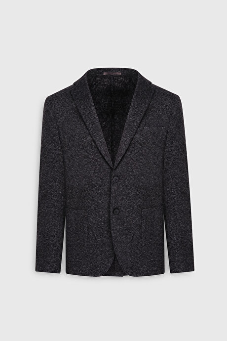 Slim Fit Dar Kesim Mono Yaka Yünlü Desenli Torba Cepli Siyah Ceket resmi