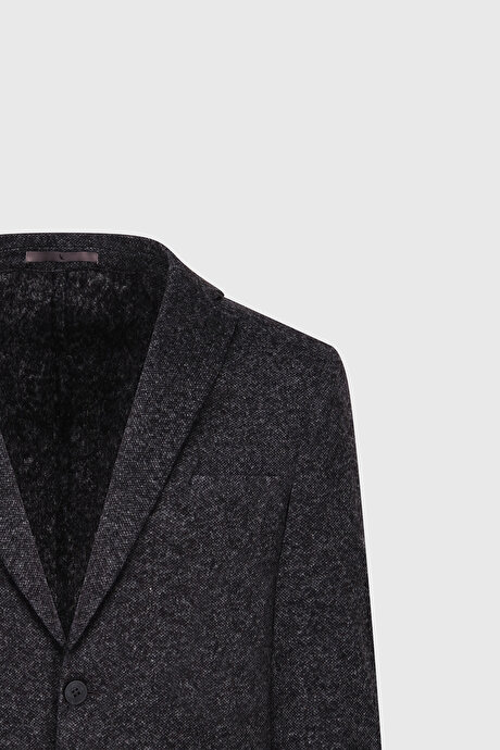 Slim Fit Dar Kesim Mono Yaka Yünlü Desenli Torba Cepli Siyah Ceket resmi