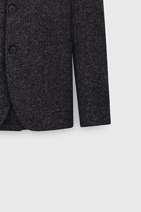Slim Fit Dar Kesim Mono Yaka Yünlü Desenli Torba Cepli Siyah Ceket resmi