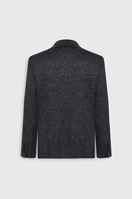Slim Fit Dar Kesim Mono Yaka Yünlü Desenli Torba Cepli Siyah Ceket resmi