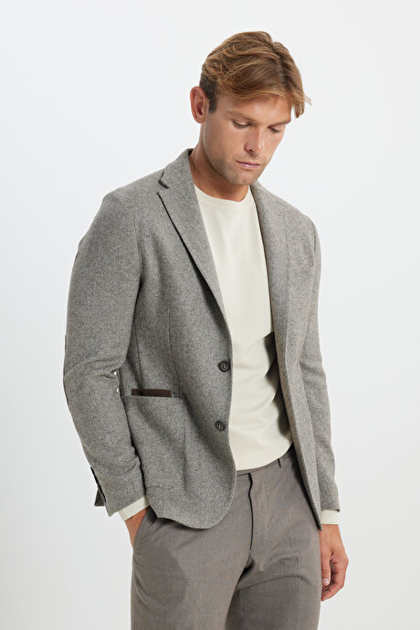 Slim Fit Dar Kesim Mono Yaka Desenli Torba Cepli Yün Blazer Kahve-Bej Ceket resmi
