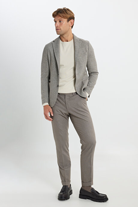Slim Fit Dar Kesim Mono Yaka Desenli Torba Cepli Yün Blazer Kahve-Bej Ceket resmi