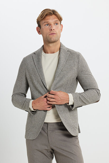 Slim Fit Dar Kesim Mono Yaka Desenli Torba Cepli Yün Blazer Kahve-Bej Ceket resmi