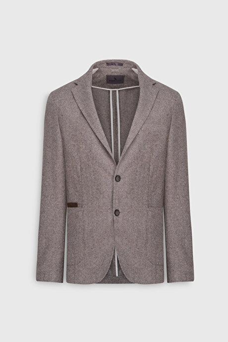 Slim Fit Dar Kesim Mono Yaka Desenli Torba Cepli Yün Blazer Kahve-Bej Ceket resmi