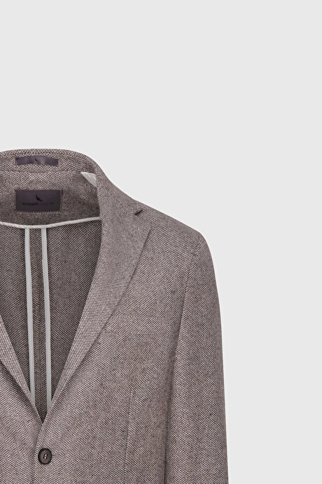 Slim Fit Dar Kesim Mono Yaka Desenli Torba Cepli Yün Blazer Kahve-Bej Ceket resmi