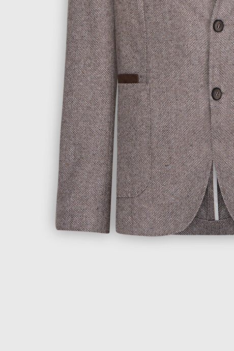 Slim Fit Dar Kesim Mono Yaka Desenli Torba Cepli Yün Blazer Kahve-Bej Ceket resmi