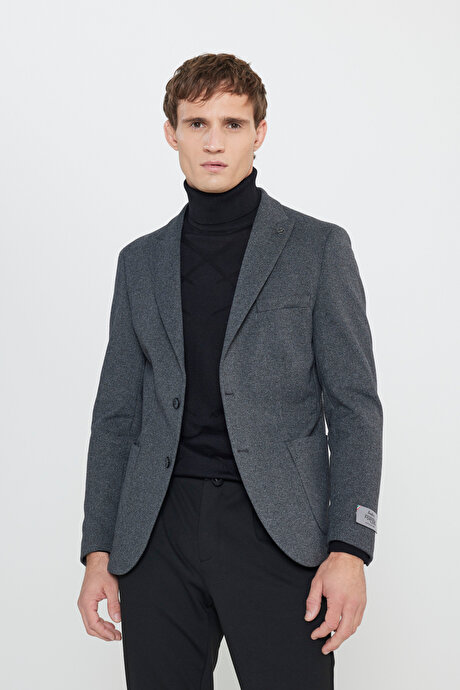 Pamuklu Slim Fit Dar Kesim Kırlangıç Yaka Diagonal Desenli Torba Cepli Blazer Siyah Ceket resmi