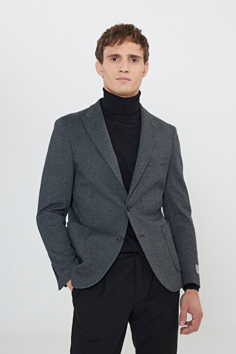 Pamuklu Slim Fit Dar Kesim Kırlangıç Yaka Diagonal Desenli Torba Cepli Blazer Siyah Ceket resmi