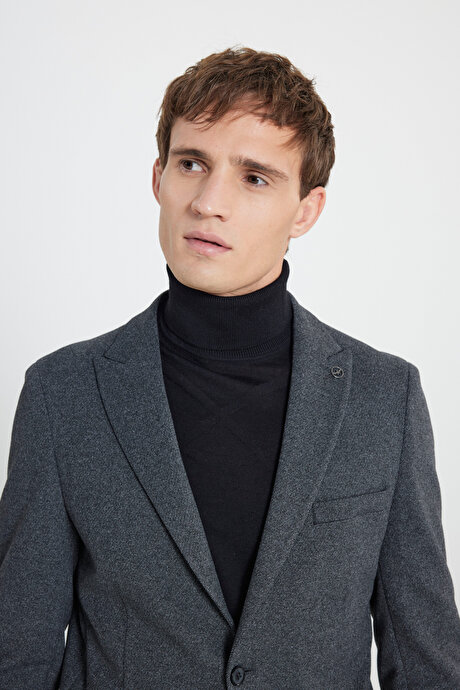 Pamuklu Slim Fit Dar Kesim Kırlangıç Yaka Diagonal Desenli Torba Cepli Blazer Siyah Ceket resmi