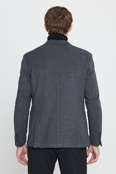 Pamuklu Slim Fit Dar Kesim Kırlangıç Yaka Diagonal Desenli Torba Cepli Blazer Siyah Ceket resmi