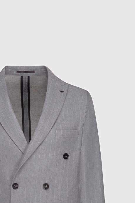 Yünlü Slim Fit Dar Kesim Kırlangıç Yaka Çizgili Torba Cepli Gri Ceket resmi