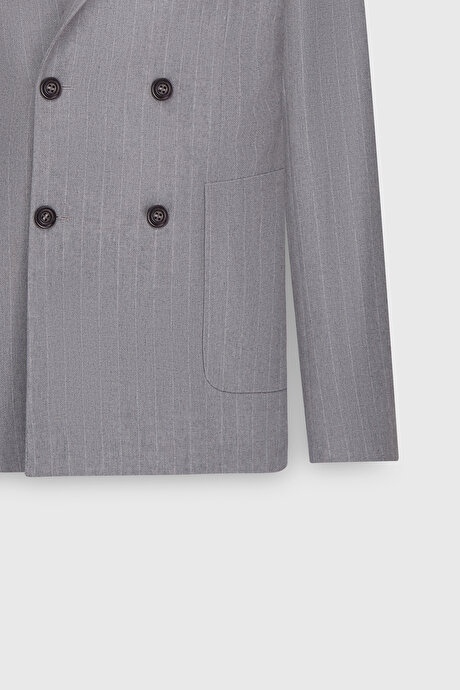 Yünlü Slim Fit Dar Kesim Kırlangıç Yaka Çizgili Torba Cepli Gri Ceket resmi