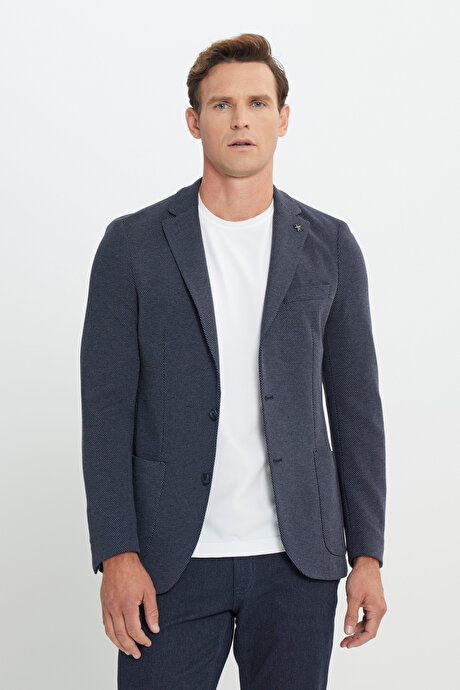 Slim Fit Dar Kesim Mono Yaka Desenli Torba Cepli Lacivert Ceket resmi