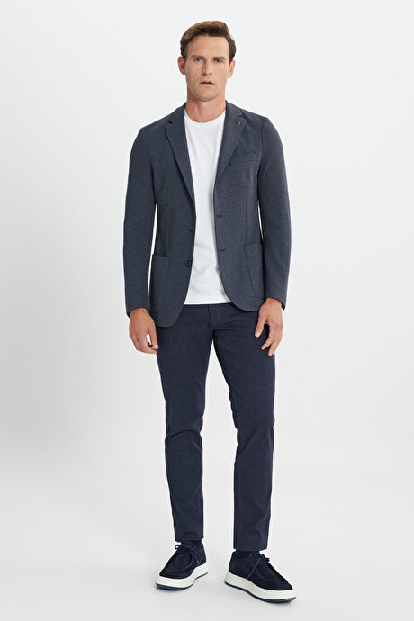 Slim Fit Dar Kesim Mono Yaka Desenli Torba Cepli Lacivert Ceket resmi