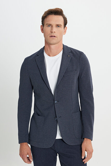 Slim Fit Dar Kesim Mono Yaka Desenli Torba Cepli Lacivert Ceket resmi