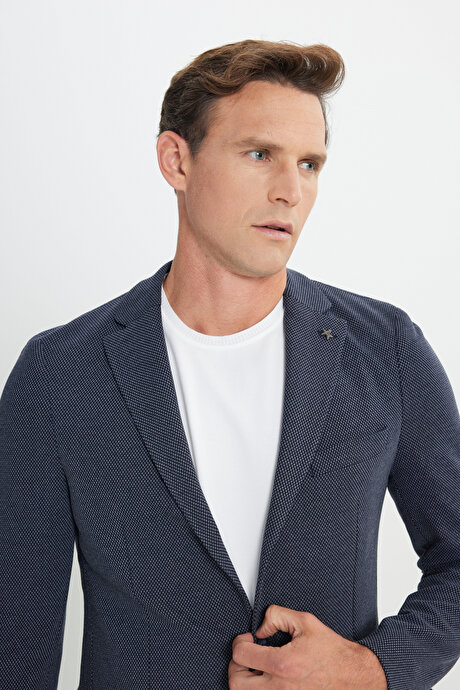 Slim Fit Dar Kesim Mono Yaka Desenli Torba Cepli Lacivert Ceket resmi