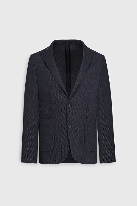 Slim Fit Dar Kesim Mono Yaka Desenli Torba Cepli Lacivert Ceket resmi