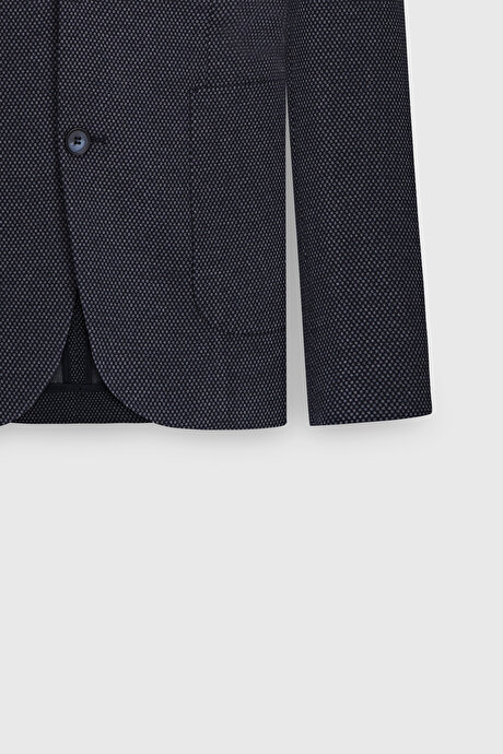 Slim Fit Dar Kesim Mono Yaka Desenli Torba Cepli Lacivert Ceket resmi