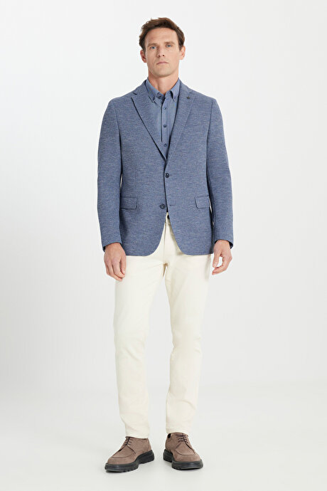 Regular Fit Rahat Kesim Mono Yaka Desenli Kapak Cepli İndigo Ceket resmi