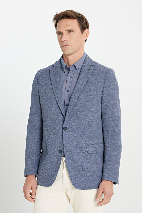 Regular Fit Rahat Kesim Mono Yaka Desenli Kapak Cepli İndigo Ceket resmi