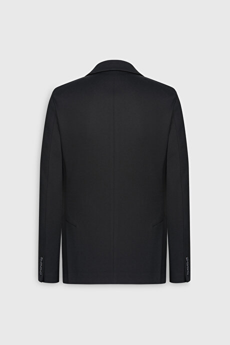 Slim Fit Dar Kesim Kırlangıç Yaka Desenli Torba Cepli Siyah Ceket resmi