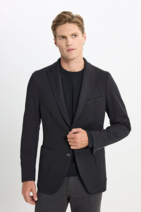 Slim Fit Dar Kesim Kırlangıç Yaka Desenli Torba Cepli Siyah Ceket resmi