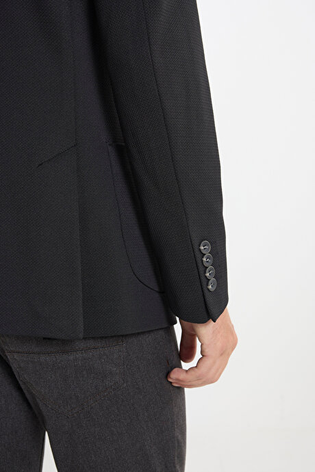 Slim Fit Dar Kesim Kırlangıç Yaka Desenli Torba Cepli Siyah Ceket resmi