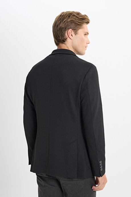 Slim Fit Dar Kesim Kırlangıç Yaka Desenli Torba Cepli Siyah Ceket resmi
