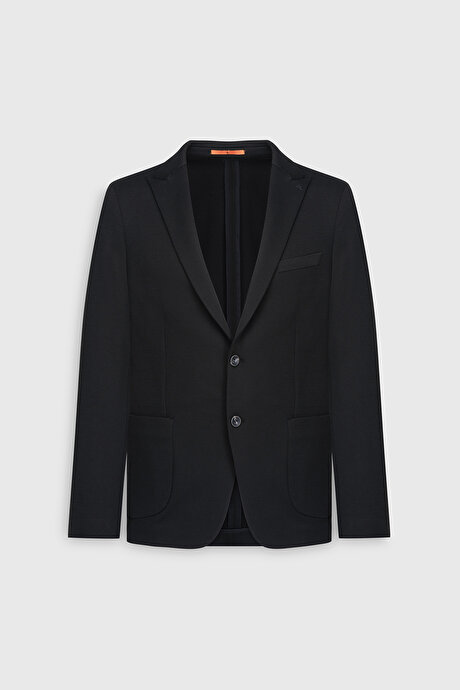 Slim Fit Dar Kesim Kırlangıç Yaka Desenli Torba Cepli Siyah Ceket resmi