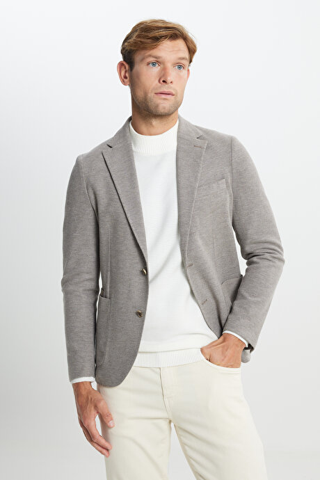 Slim Fit Dar Kesim Mono Yaka Armürlü Torba Cepli Açık Kahve Ceket resmi