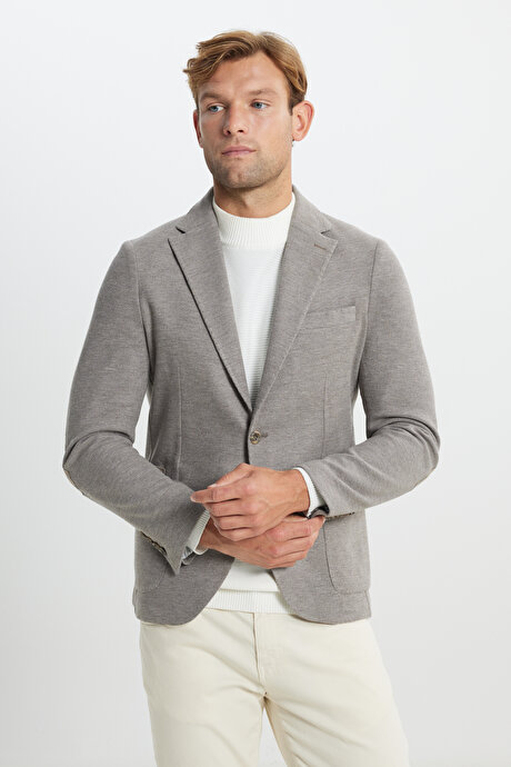 Slim Fit Dar Kesim Mono Yaka Armürlü Torba Cepli Açık Kahve Ceket resmi