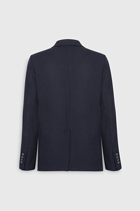 Yünlü Slim Fit Dar Kesim Mono Yaka Desenli Torba Cepli Lacivert Ceket resmi