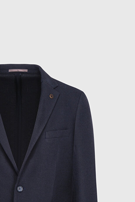 Yünlü Slim Fit Dar Kesim Mono Yaka Desenli Torba Cepli Lacivert Ceket resmi
