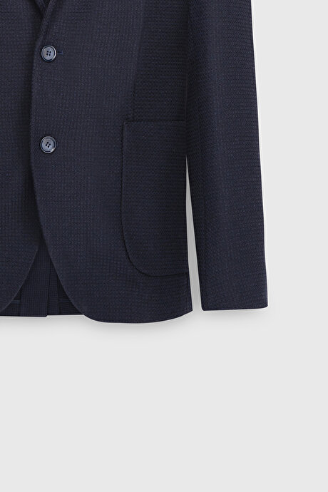 Yünlü Slim Fit Dar Kesim Mono Yaka Desenli Torba Cepli Lacivert Ceket resmi