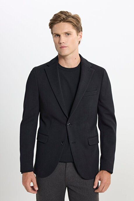 Pamuklu Slim Fit Dar Kesim Mono Yaka Kapak Cepli Siyah Ceket resmi