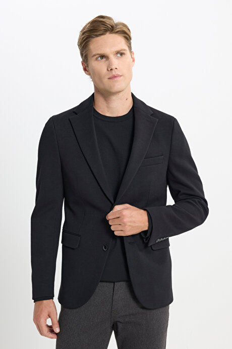 Pamuklu Slim Fit Dar Kesim Mono Yaka Kapak Cepli Siyah Ceket resmi