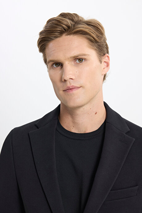 Pamuklu Slim Fit Dar Kesim Mono Yaka Kapak Cepli Siyah Ceket resmi